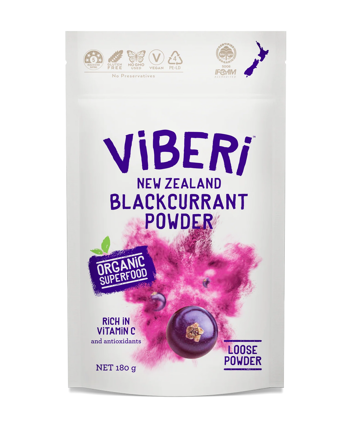 Viberi New Zealand Organic Blackcurrant Powder, 180gm
