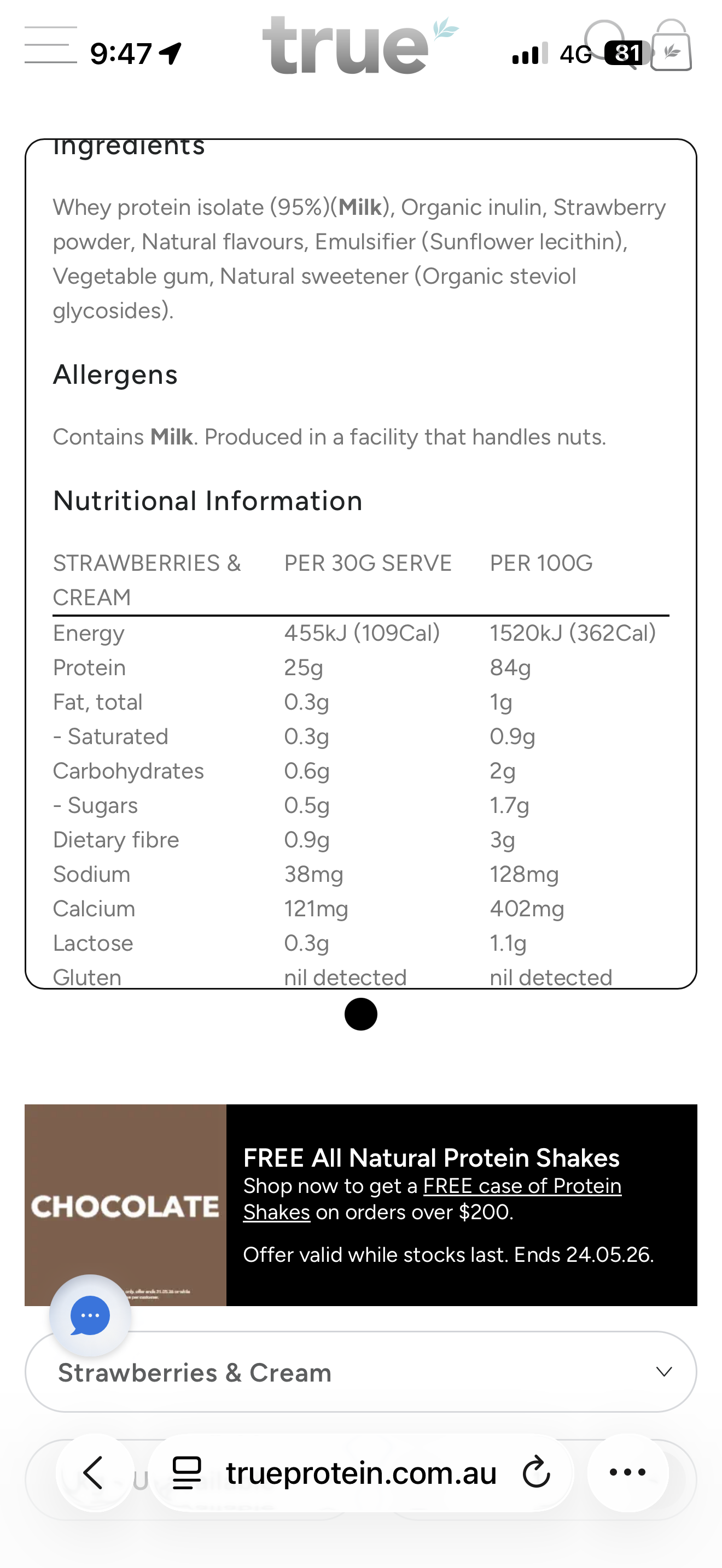 True Whey Protein Isolate 90 Strawberry & Cream 1 kg
