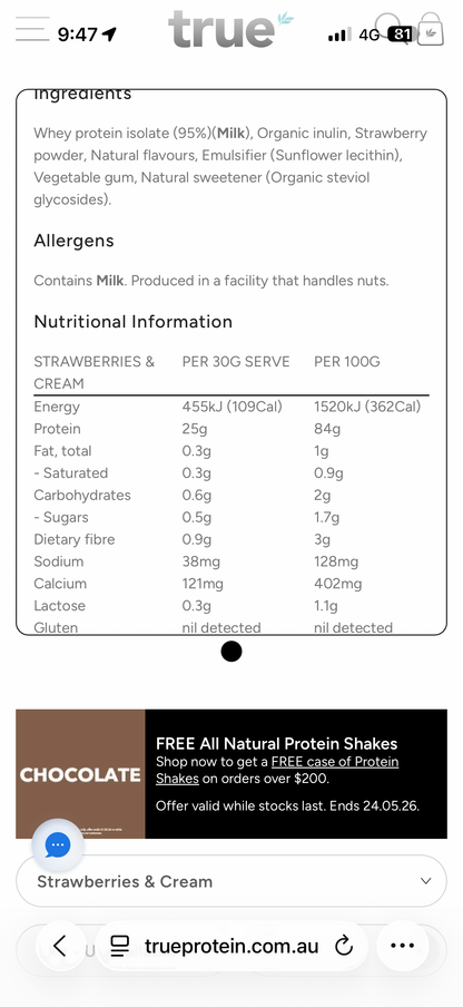 True Whey Protein Isolate 90 Strawberry & Cream 1 kg
