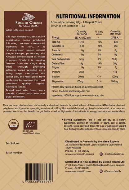 Seleno Organic Criollo Raw Ceremonial Cacao Nibs 250gm